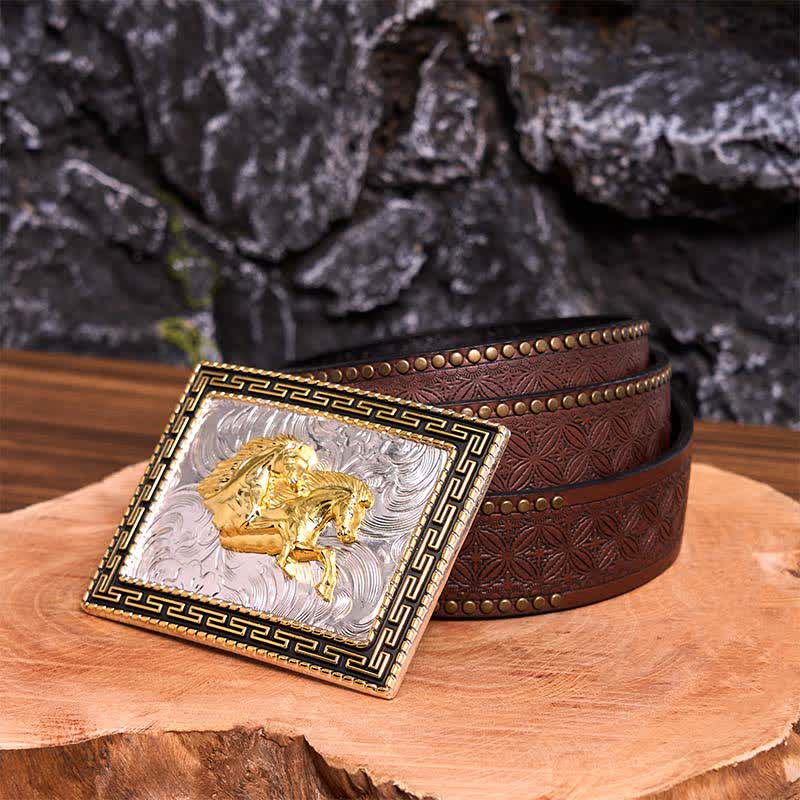 Golden & Black Rectangular Double Horses DIY Large Buckle Leather Belt