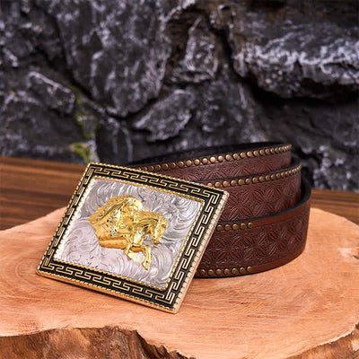Golden & Black Rectangular Double Horses DIY Large Buckle Leather Belt