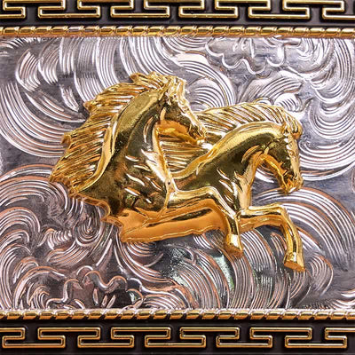 Golden & Black Rectangular Double Horses DIY Large Buckle Leather Belt