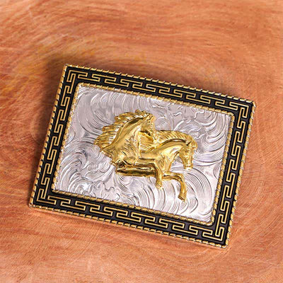 Golden & Black Rectangular Double Horses DIY Large Buckle Leather Belt