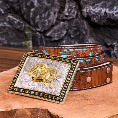Golden & Black Rectangular Double Horses DIY Large Buckle Leather Belt