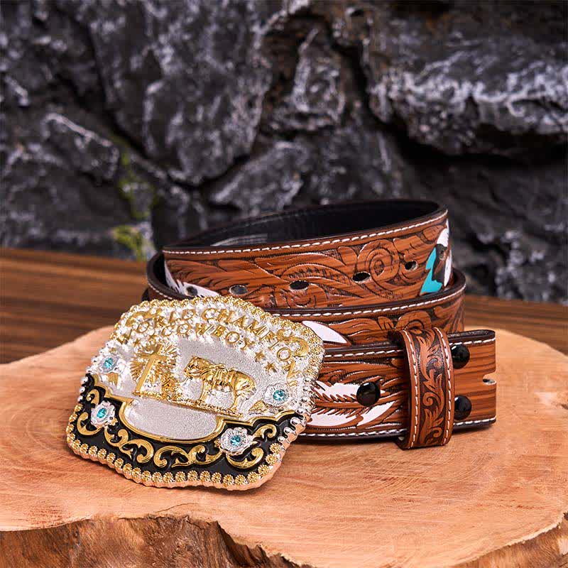 DIY World Champion Cowboy Praying Cross Large Buckle Leather Belt