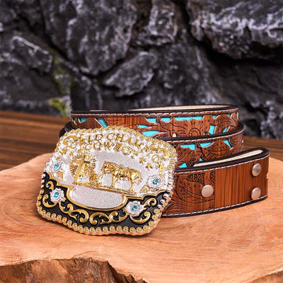 DIY World Champion Cowboy Praying Cross Large Buckle Leather Belt