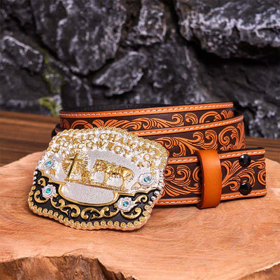 DIY World Champion Cowboy Praying Cross Large Buckle Leather Belt