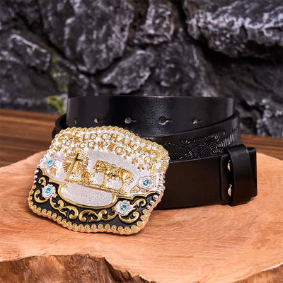 DIY World Champion Cowboy Praying Cross Large Buckle Leather Belt