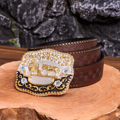 DIY World Champion Cowboy Praying Cross Large Buckle Leather Belt