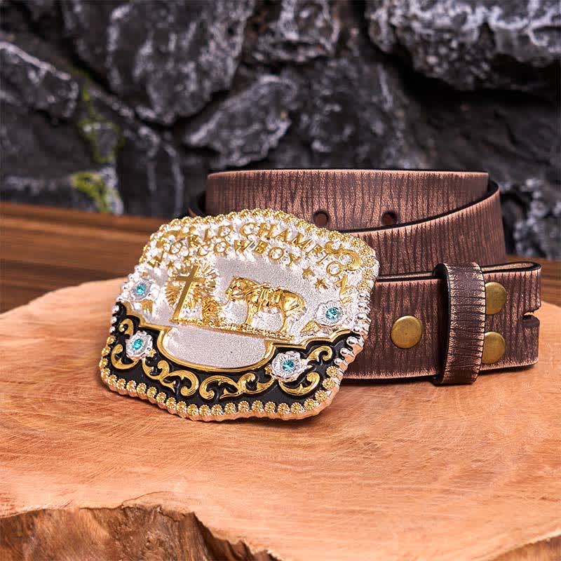 DIY World Champion Cowboy Praying Cross Large Buckle Leather Belt