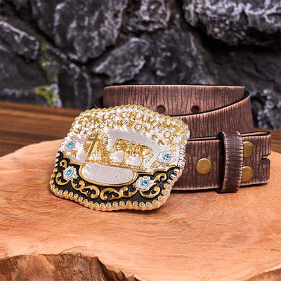DIY World Champion Cowboy Praying Cross Large Buckle Leather Belt