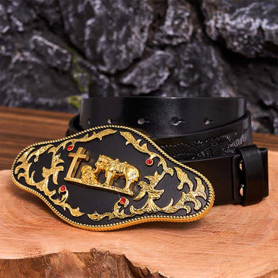 Black & Gold DIY Praying Cross Large Buckle Leather Belt