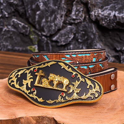 Black & Gold DIY Praying Cross Large Buckle Leather Belt