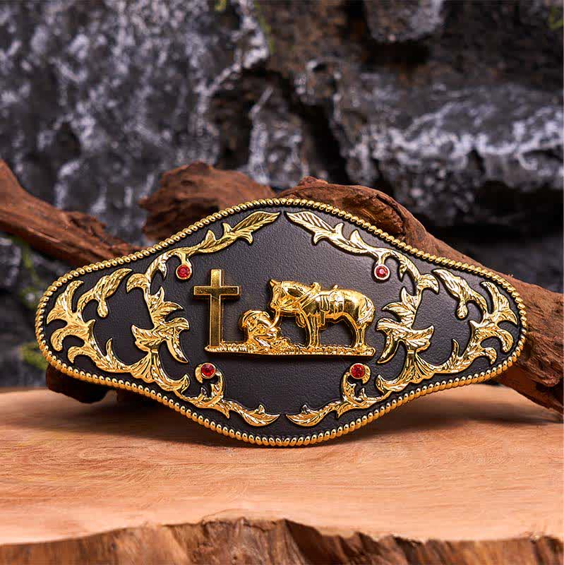 Black & Gold DIY Praying Cross Large Buckle Leather Belt