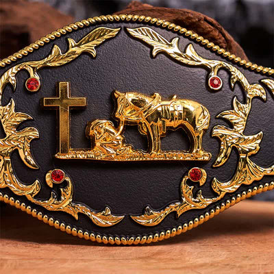 Black & Gold DIY Praying Cross Large Buckle Leather Belt