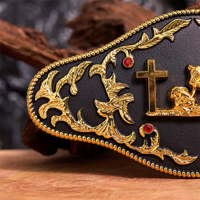 Black & Gold DIY Praying Cross Large Buckle Leather Belt