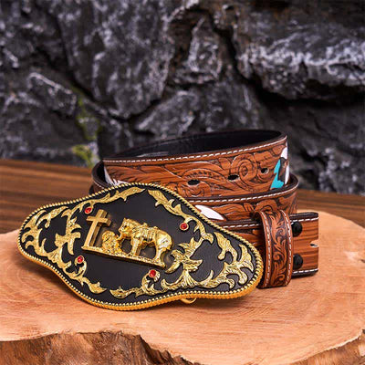 Black & Gold DIY Praying Cross Large Buckle Leather Belt