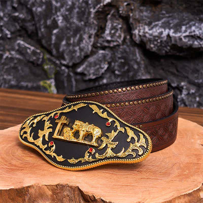 Black & Gold DIY Praying Cross Large Buckle Leather Belt