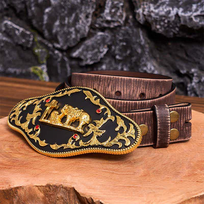 Black & Gold DIY Praying Cross Large Buckle Leather Belt