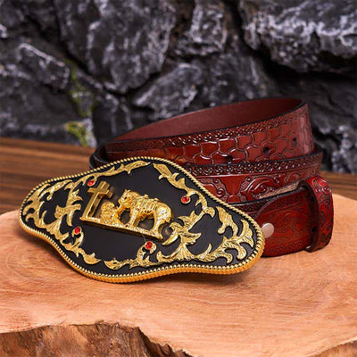 Black & Gold DIY Praying Cross Large Buckle Leather Belt