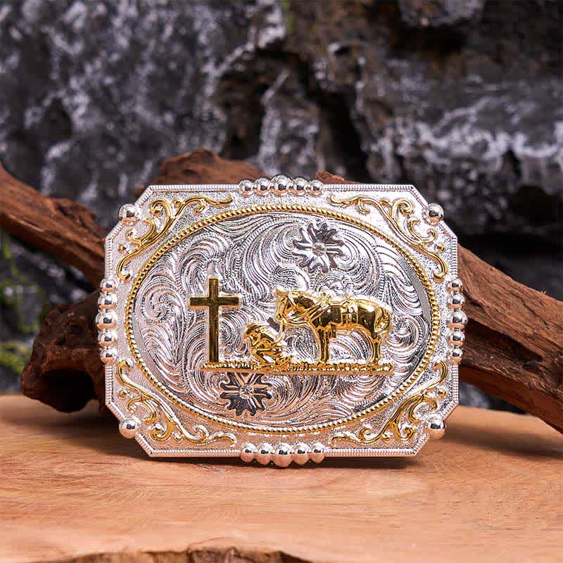 Silver & Gold DIY Cowboy Praying Cross Horse Large Buckle Leather Belt