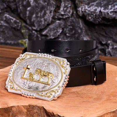 Silver & Gold DIY Cowboy Praying Cross Horse Large Buckle Leather Belt