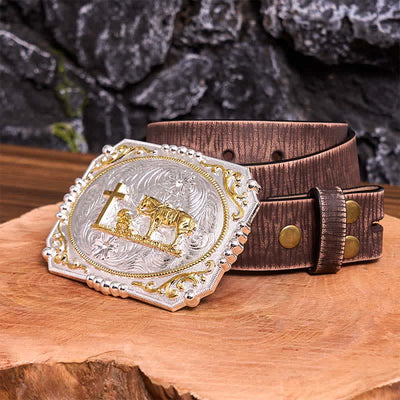 Silver & Gold DIY Cowboy Praying Cross Horse Large Buckle Leather Belt