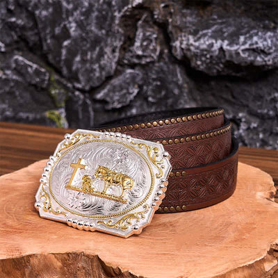 Silver & Gold DIY Cowboy Praying Cross Horse Large Buckle Leather Belt