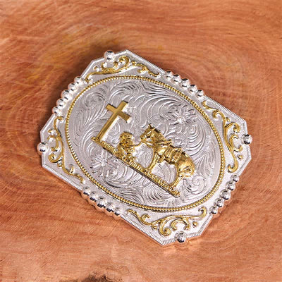 Silver & Gold DIY Cowboy Praying Cross Horse Large Buckle Leather Belt