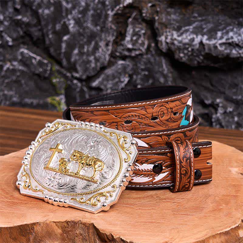 Silver & Gold DIY Cowboy Praying Cross Horse Large Buckle Leather Belt
