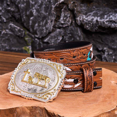 Silver & Gold DIY Cowboy Praying Cross Horse Large Buckle Leather Belt
