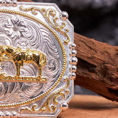 Silver & Gold DIY Cowboy Praying Cross Horse Large Buckle Leather Belt
