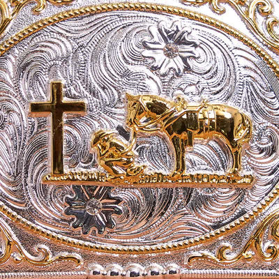 Silver & Gold DIY Cowboy Praying Cross Horse Large Buckle Leather Belt