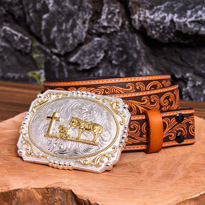 Silver & Gold DIY Cowboy Praying Cross Horse Large Buckle Leather Belt