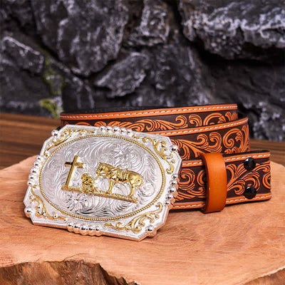 Silver & Gold DIY Cowboy Praying Cross Horse Large Buckle Leather Belt