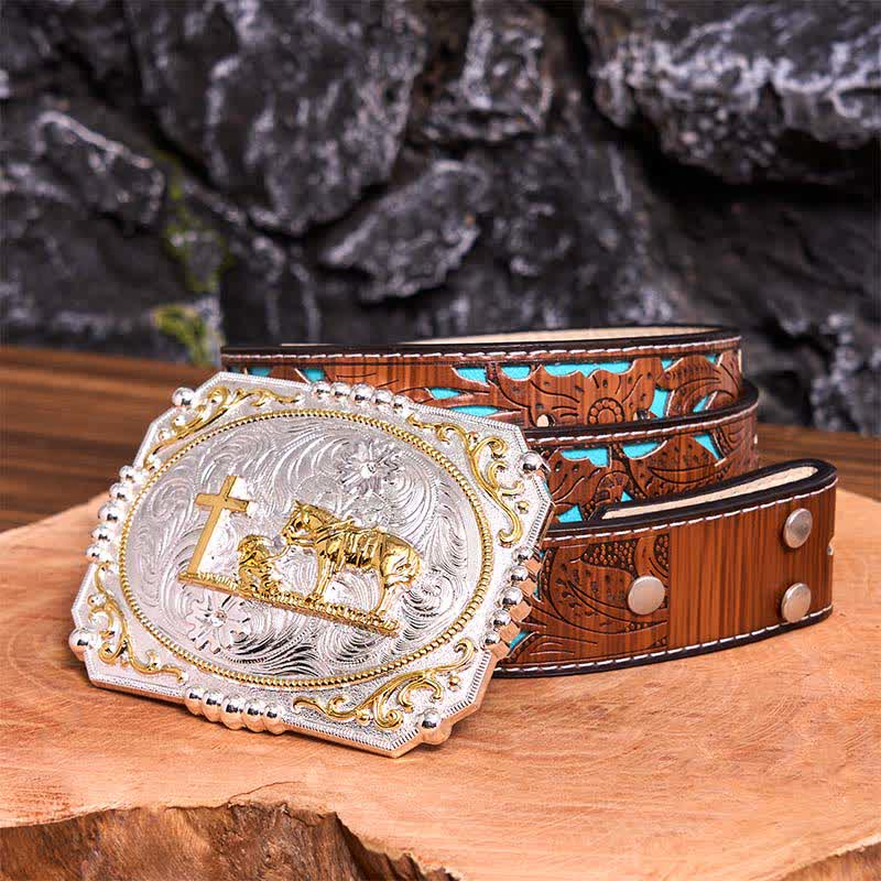 Silver & Gold DIY Cowboy Praying Cross Horse Large Buckle Leather Belt
