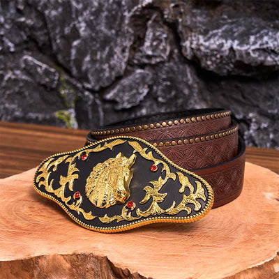Black And Gold Horse Head DIY Buckle Leather Belt