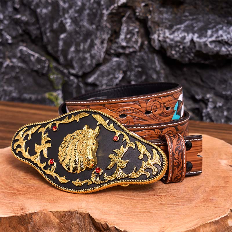 Black And Gold Horse Head DIY Buckle Leather Belt