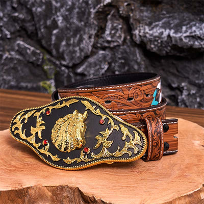 Black And Gold Horse Head DIY Buckle Leather Belt