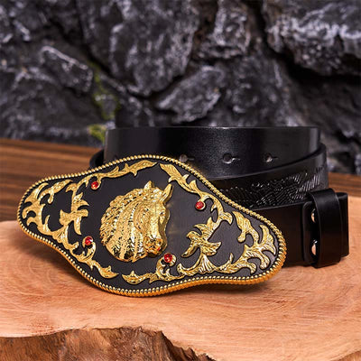 Black And Gold Horse Head DIY Buckle Leather Belt