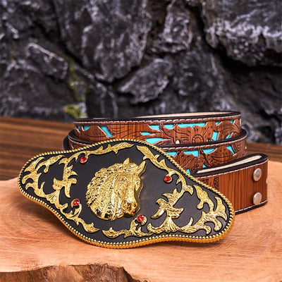 Black And Gold Horse Head DIY Buckle Leather Belt
