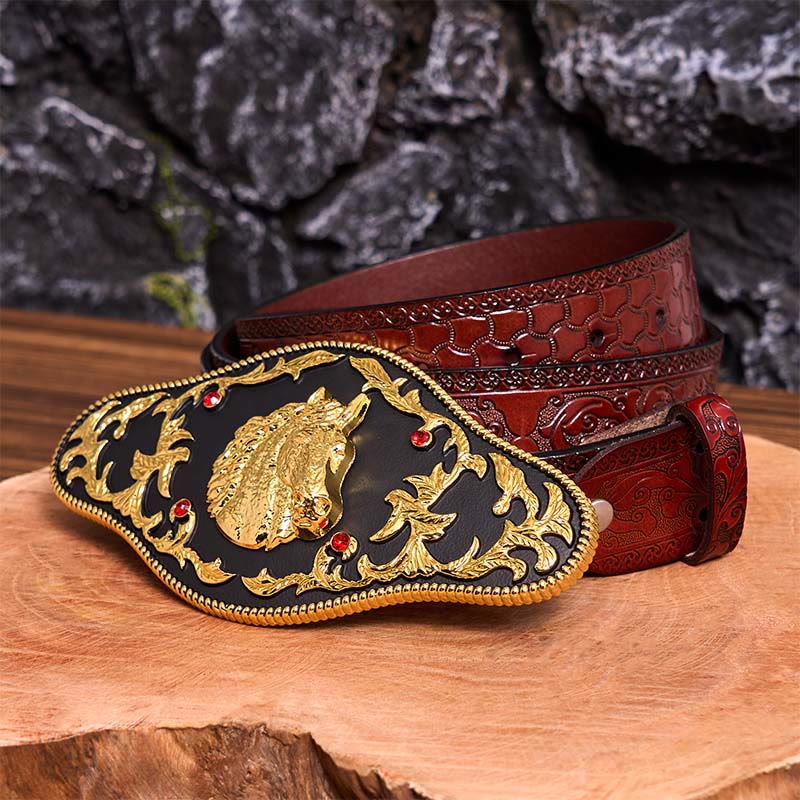 Black And Gold Horse Head DIY Buckle Leather Belt