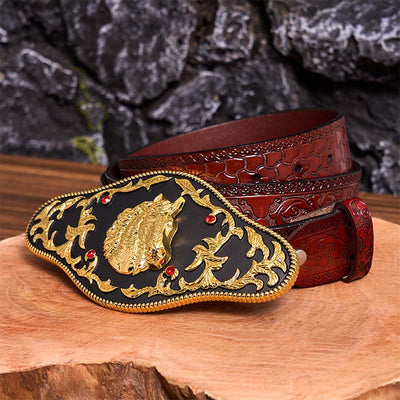 Black And Gold Horse Head DIY Buckle Leather Belt