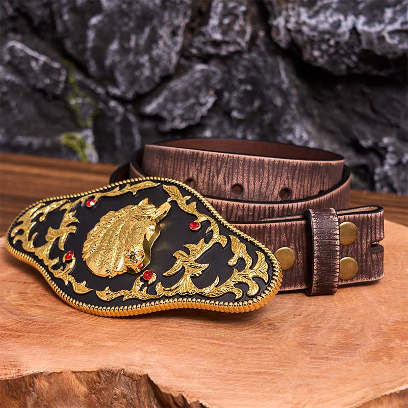 Black And Gold Horse Head DIY Buckle Leather Belt