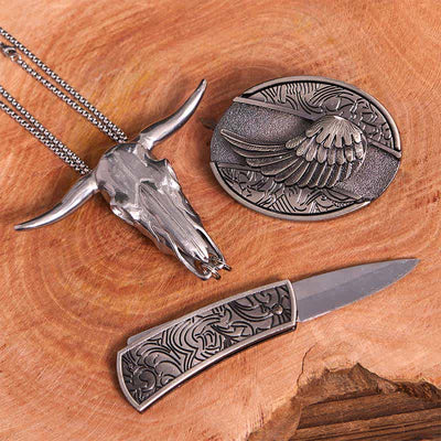 Angel Wing DIY Hidden Knife Belt Buckle Longhorn Bull Pendant Bundle Set