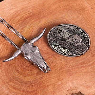 Angel Wing DIY Hidden Knife Belt Buckle Longhorn Bull Pendant Bundle Set