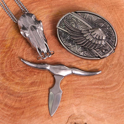 Angel Wing DIY Hidden Knife Belt Buckle Longhorn Bull Pendant Bundle Set