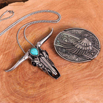 Angel Wing DIY Hidden Knife Belt Buckle Turquoise Longhorn Bull Pendant Bundle Set