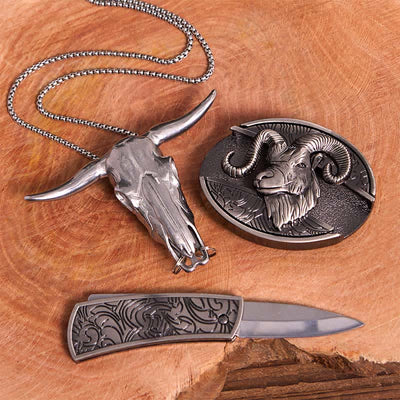 Goat DIY Hidden Knife Belt Buckle Longhorn Pendant Cross Necklace Bundle Set