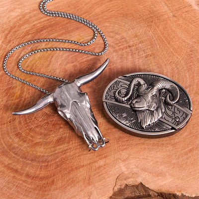 Goat DIY Hidden Knife Belt Buckle Longhorn Pendant Cross Necklace Bundle Set