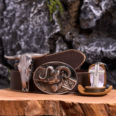 Goat DIY Hidden Knife Belt Buckle Longhorn Pendant Cross Necklace Bundle Set