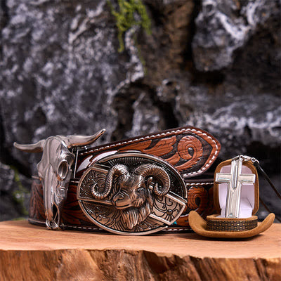 Goat DIY Hidden Knife Belt Buckle Longhorn Pendant Cross Necklace Bundle Set