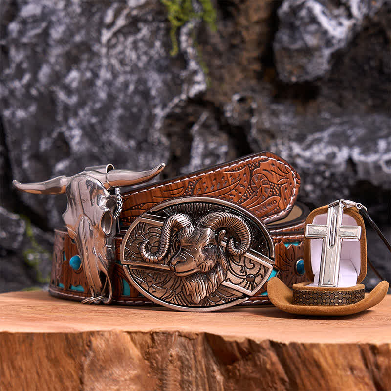 Goat DIY Hidden Knife Belt Buckle Longhorn Pendant Cross Necklace Bundle Set